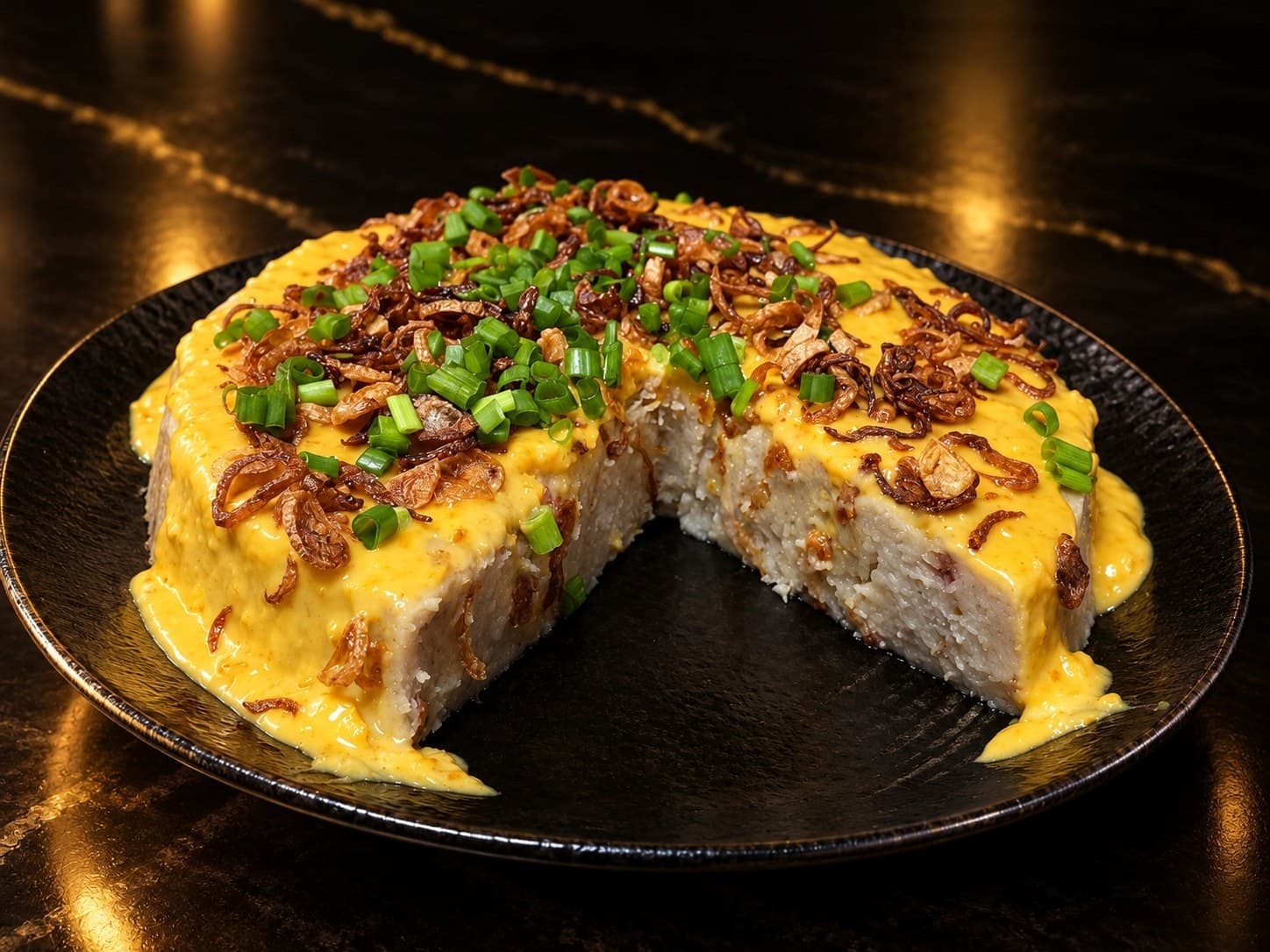 Fatty Yam's Golden Treasure — a yam cake infused with salted egg yolk, topped with golden salted egg sauce, spring onion and fried shallots, with a slice cut to reveal the inside